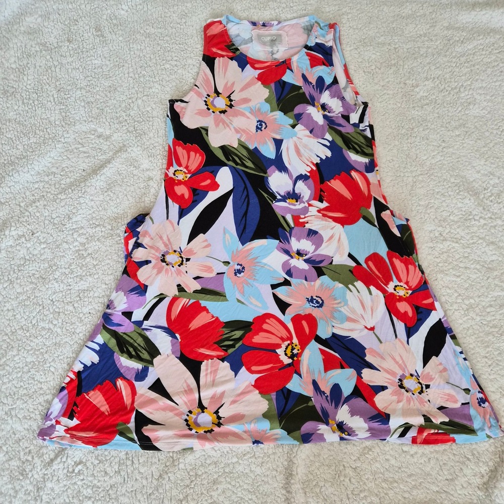 Cupio Blush Womens Large Floral Sleeveless A-Line Mini Dress Pockets Multi Color